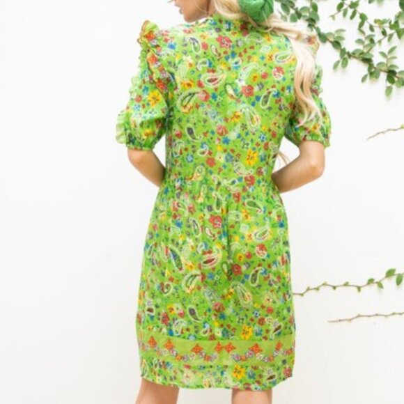 Gipsy Queen Green Boho Floral Print Button Down Short Puff Sleeve Mini Dress - Picture 6 of 6